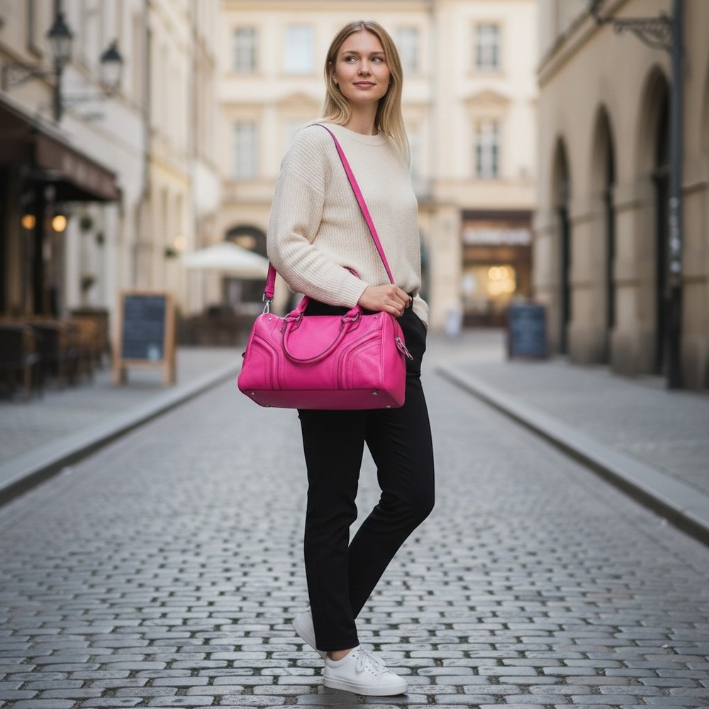 Milley Pink Pebbled Leather Satchel Crossbody Bag Fuchsia Silver Hardware